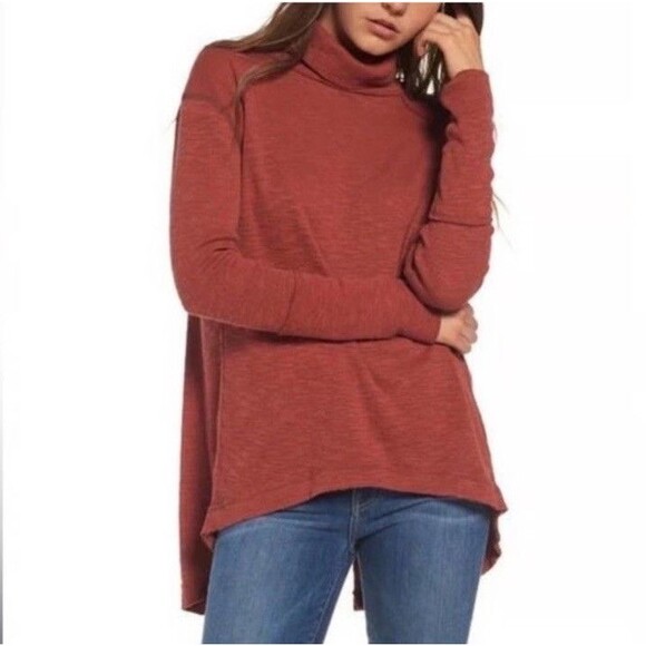 We the Free People Dark Burnt Orange Brown Cowl Split Back Turtleneck Sweater L - Picture 2 of 11